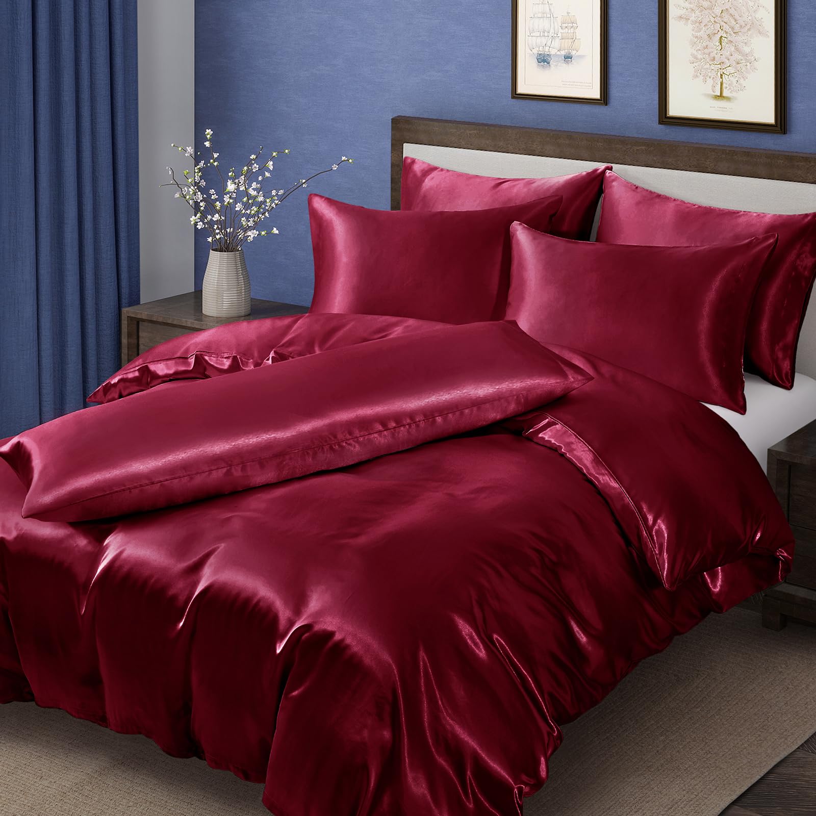 MILVOWOC 6 Pcs Burgundy Satin Duvet Cover King Size Set, Silky Bed Duvet Cover Luxury Satin Bedding Sets Ultra Soft Comforter Cover(1 Satin Duvet Cover, 1 Body Pillowcase, 4 Pillow Cases)-image-39