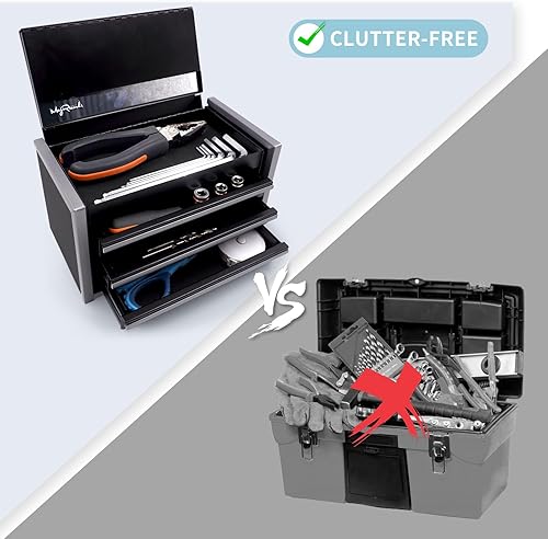 Miniatura 5 de sdroceRyaM Mini caja de herramientas de metal, caja de herramientas apilable de acero portátil de 3 cajones, pequeña caja de herramientas con forros