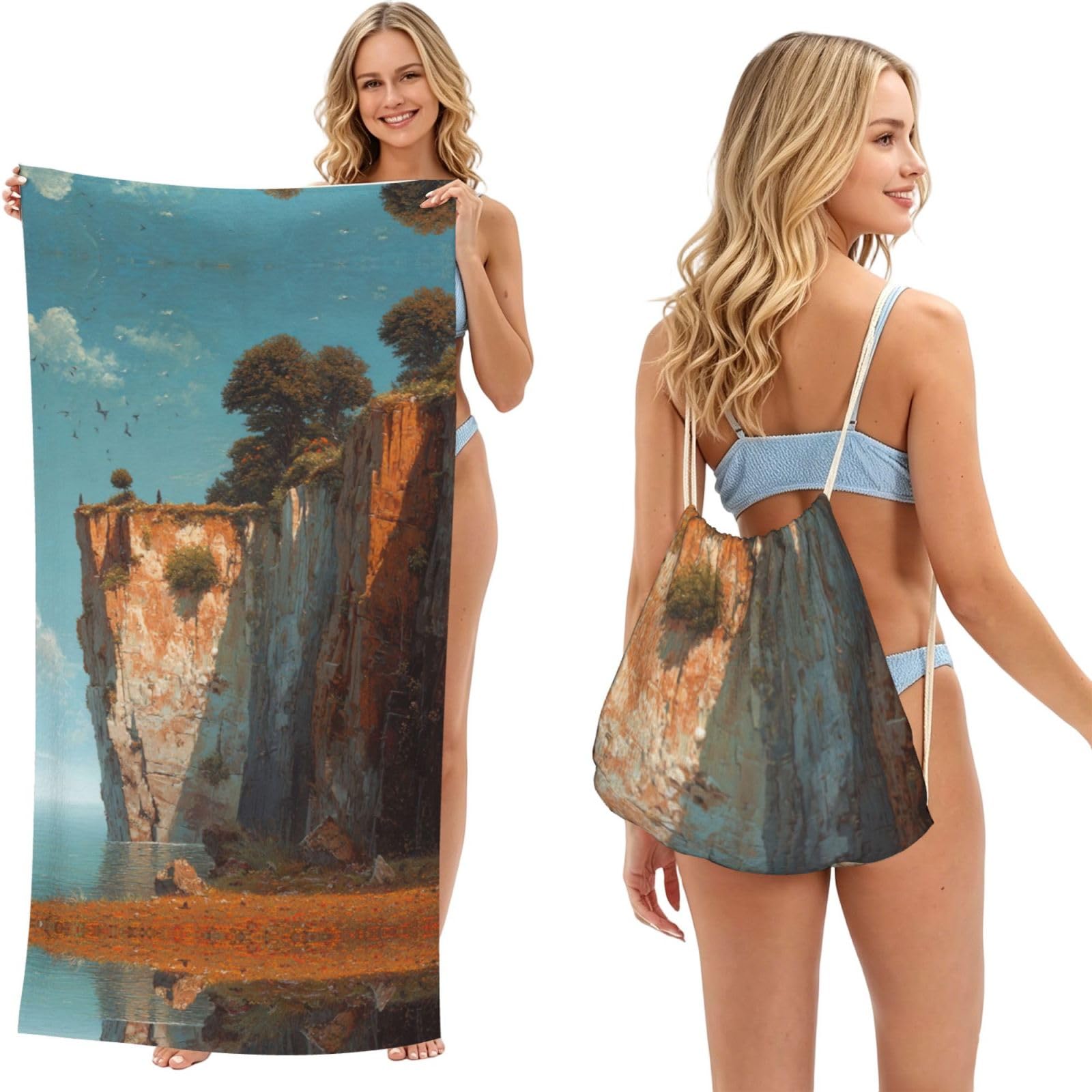 ESNAIUVCD Cliff Print Beach Towel For Adults,Towel With Drawstring Bag, Travel Pool Swimming Sports Shower Sand Free Quick Dry Bath Towel For Pool, Beach, Yoga- 180x60cm
