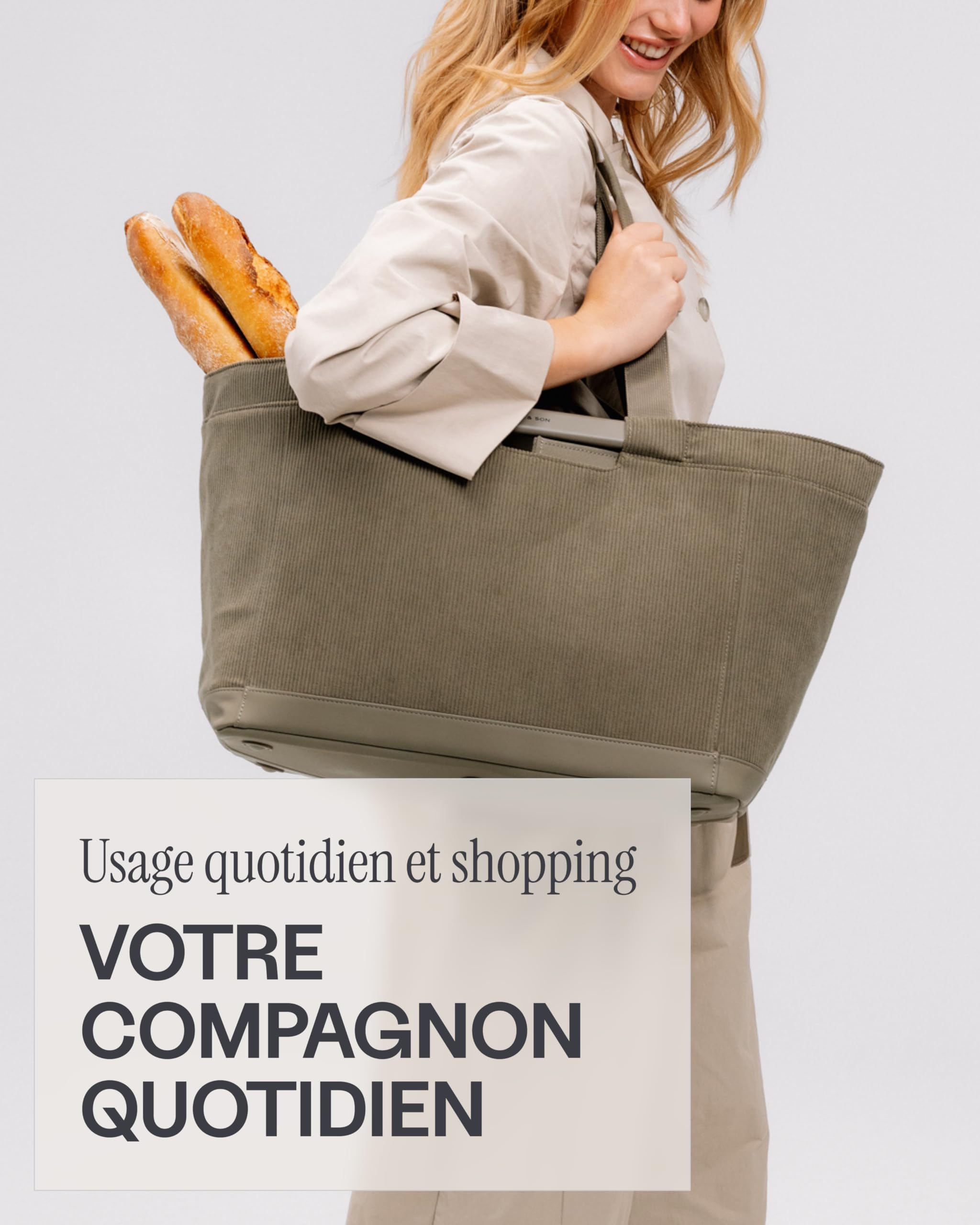 Kapten & Son Vaasa Panier de courses en velours côtelé kaki 25 l | Cabas courses | Avec jeton de chariot et compartiment magnétique | Matériau intérieur lavable | Compagnon élégant au quotidien