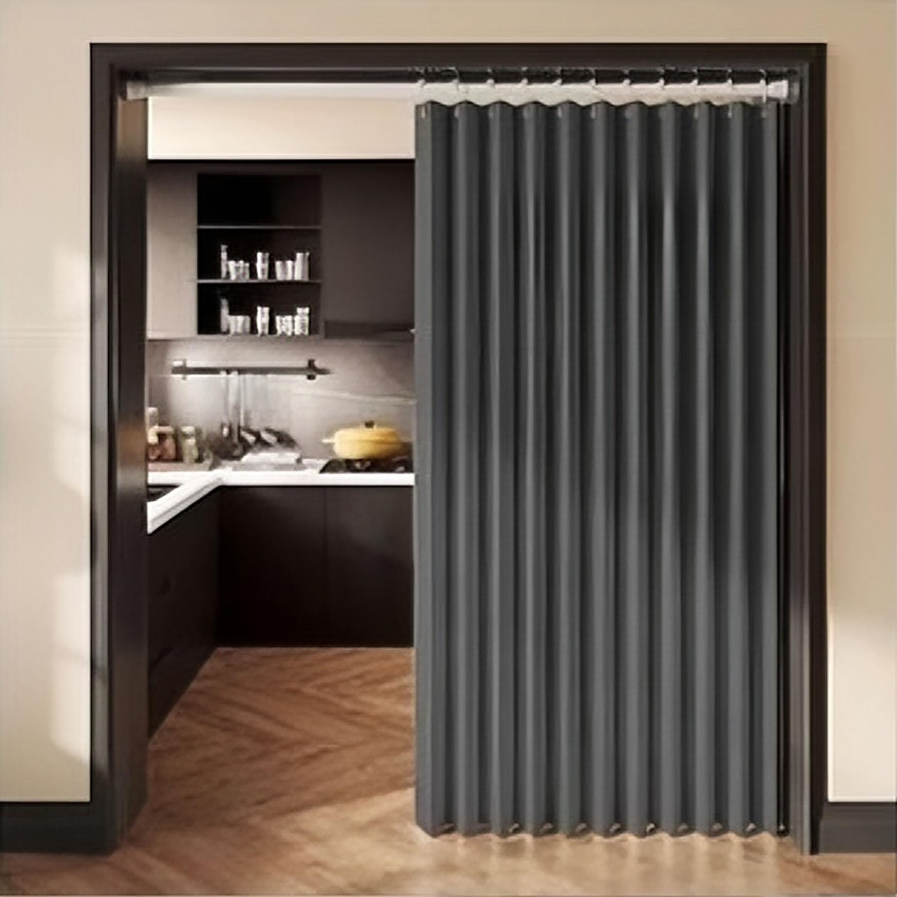 Rideau de porte pliant 148x110 cm gris imperméable pour séparation de salon et chambre