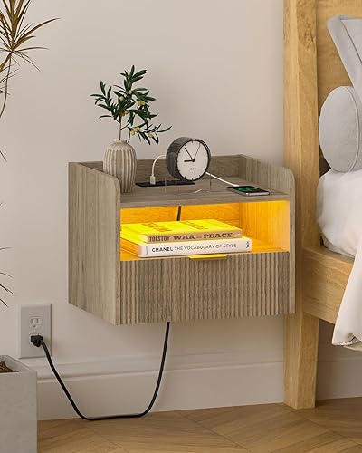 White Floating Nightstand with Charging Station and LED Lights (Grey)