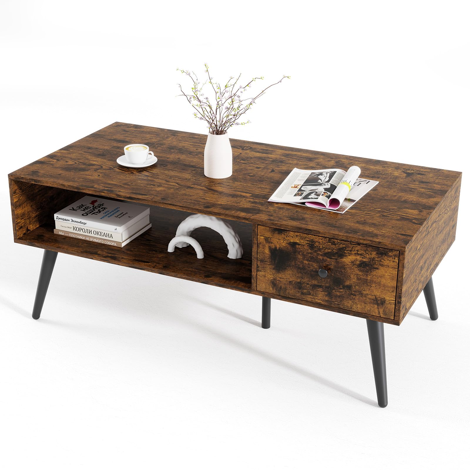 LIFEZEAL Mesa de Centro Rectangular, Mesa de café de Madera, Mueble de salón con Estante Abierto y cajón, Diseño Industrial, 109 x 55 x 39,5 cm (Marrón)