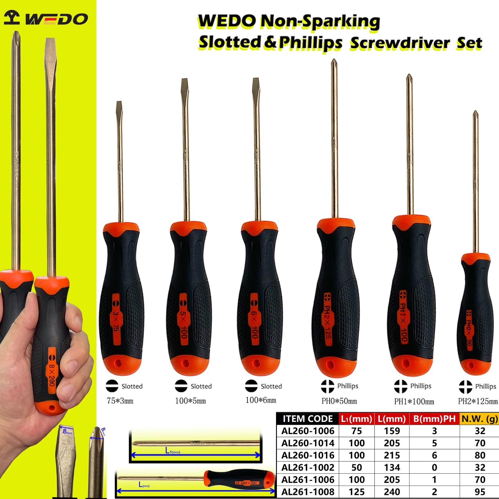 WEDO 6-częściowy zestaw wkrętaków nieiskrzących, głowica płaska (3 x 75 mm, 5 x 100 mm, 6 x 100 mm), głowica krzyżakowa (PH 0 x 50 mm, PH1 x 100 mm, PH2 x 125 mm), aluminiowy brąz, uchwyt z włókna