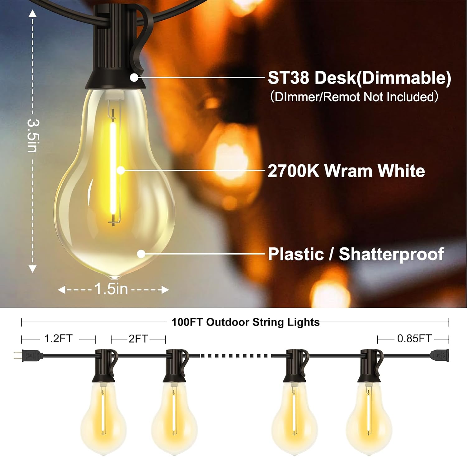 100FT LED Outdoor String Lights with 50+3 Shatterproof Bulbs(Gourd Shape), IP44 Waterproof, Commercial Grade Patio String Lights for Outside Porch Backyard Garden Deck Decor, 2700K Dimmable