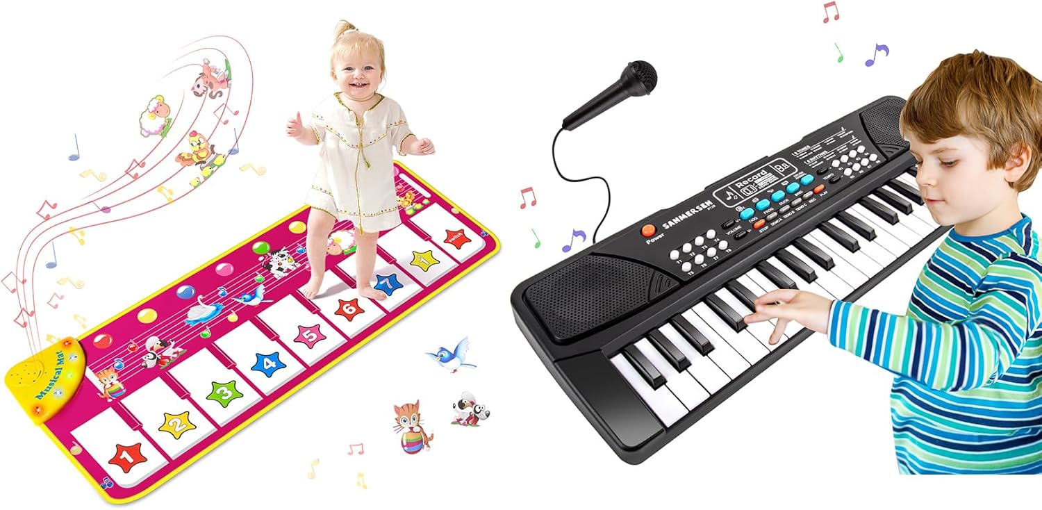 M SANMERSEN Piano Floor Mat Music Gift Toy for 1 2 3 Year Old - Keyboard, Kids Piano with Microphone, Dual Speaker