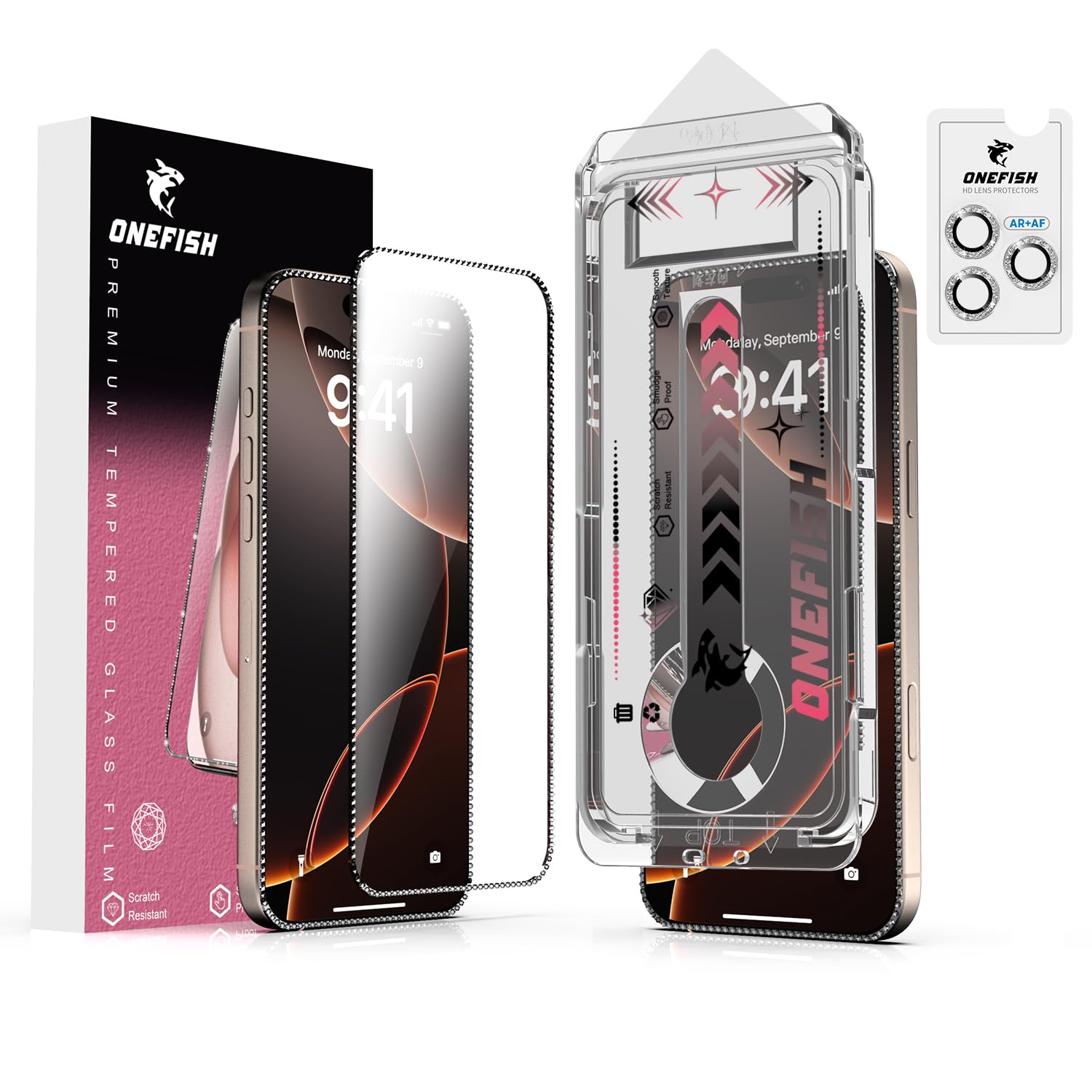 OneFish Women Fashion Screen Protector for iPhone 16 Pro [6.3 inch]+ Camera Lens Protector, Diamond Bling Full Edge Coverage, HD Clarity Tempered