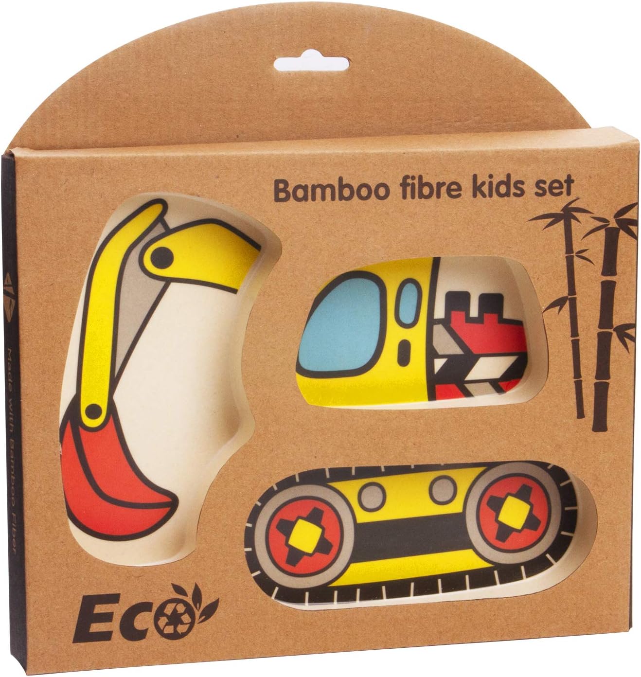 Kid Plate Set Bamboo Toddler Plates Dinnerware Dinner Dish Set Baby Feeding Spill Proof Divided Plate - Baby Spoon and fork 3-Piece Set for Kids and Toddlers (excavator)