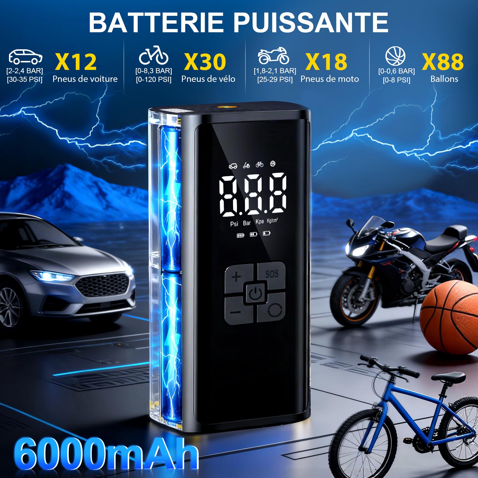 Gonfleur Pneus Voiture Sans Fil, Compresseur à Air Portatif, 150PSI (10,3 Bar) 6000mAh Mini Compresseur Portable avec Lumière LED, Voiture Pour Vélo, Moto, Vcooter, Balles
