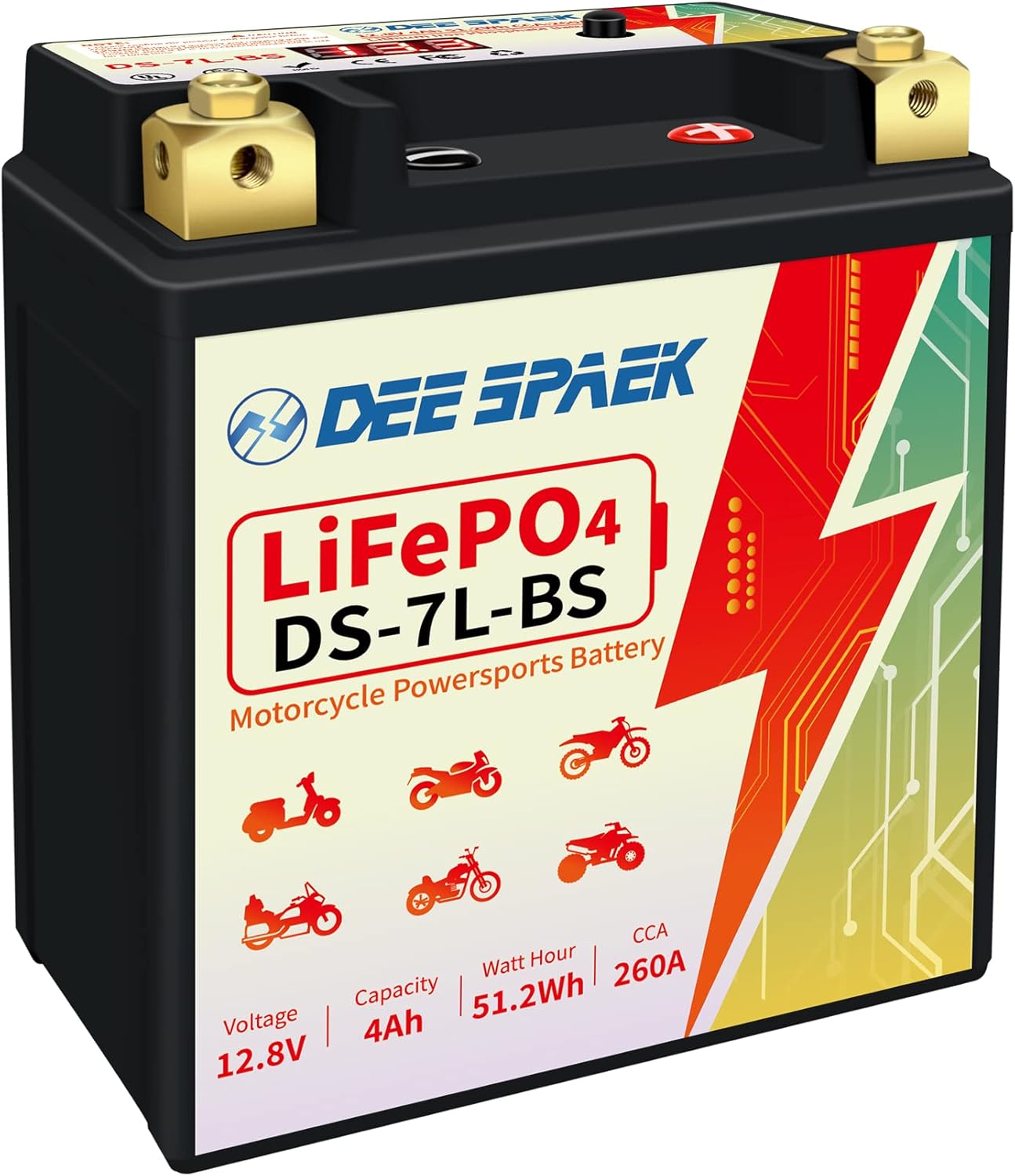 Batteria per moto YTX7LBS, 12 Volt 4Ah, 260CCA, batteria al litio