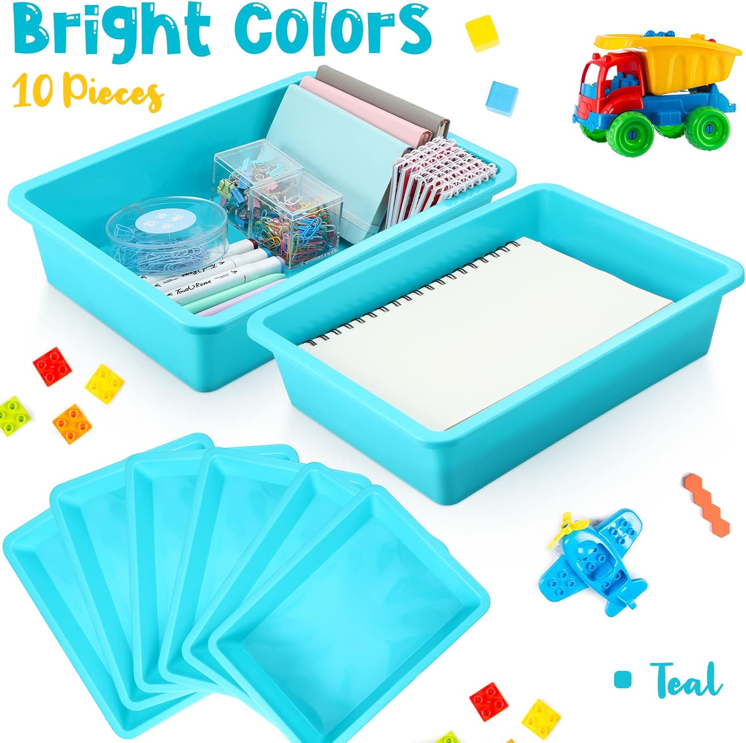 Kigley 6 Pcs Flat Storage Organizer Tray Bin Letter Size Paper Tray for Classroom Art Activity Plastic Stackable File Paper Organizer for Teacher Students School Office Book Organization