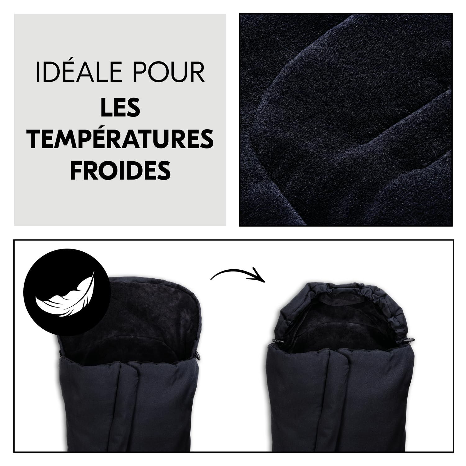 hauck Chanceliere Universelle pour Poussette et Remorque Velo, Nid d'Ange Bebe en Polaire Chaude, Fentes pour Harnais 5 Points, Lavable en Machine, Noir