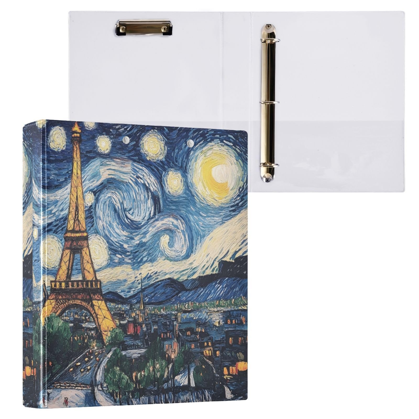 Confezione da 2 raccoglitori ad anelli, motivo Parigi Eiffel, notte stellata, con portablocco, grandi raccoglitori a 3 anelli, per scuola, università, ufficio