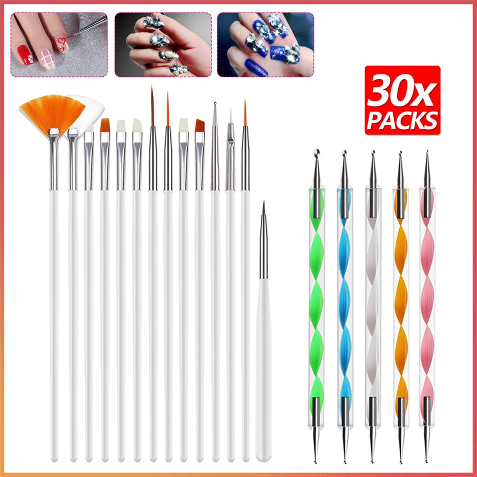 Nagel Pinsel 30-teiliges Gel-Nagelkunst-Pinselset for Punktieren, Malen, Zeichnen und Polieren