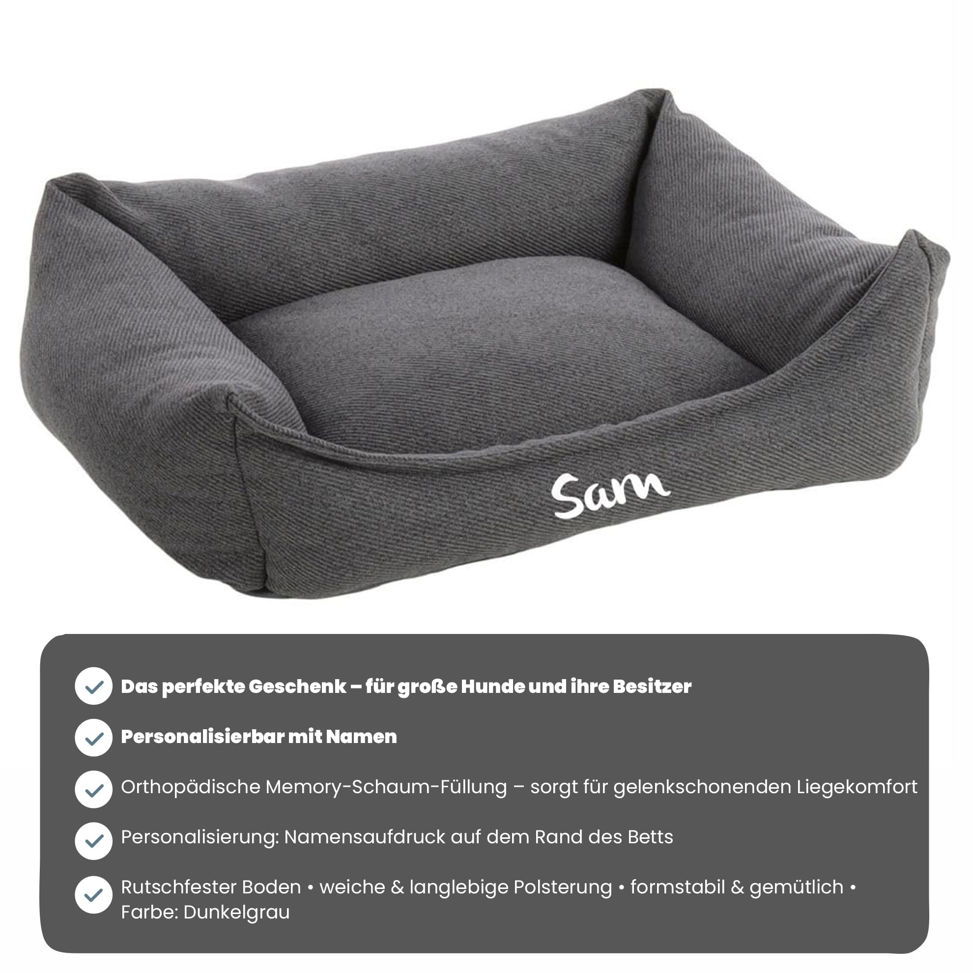 Personalizable Cama para Perros Baldar L Gris Oscuro – Espuma viscoelástica & Funda Lavable – Base Antideslizante – para Perros Grandes – Personalizada con Nombre – Petslino