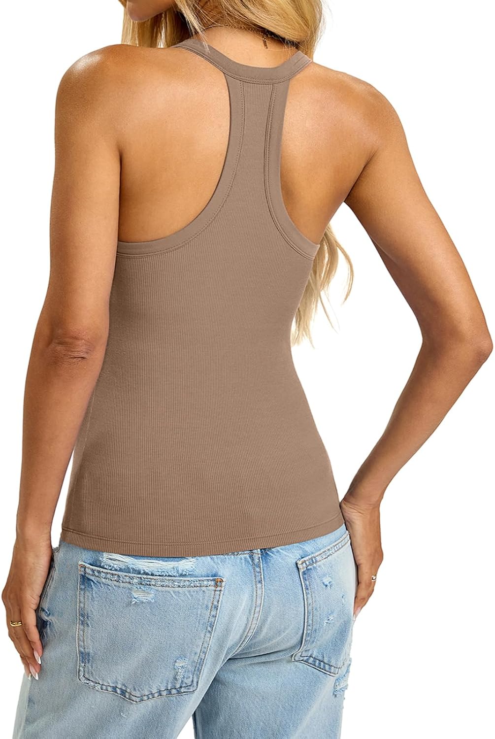 Womens Built in Shelf Bra Racerback Tank Tops Padded Ribbed Halter Strap T Shirts Slim Fitted Sexy V Neck Tee - Image 5