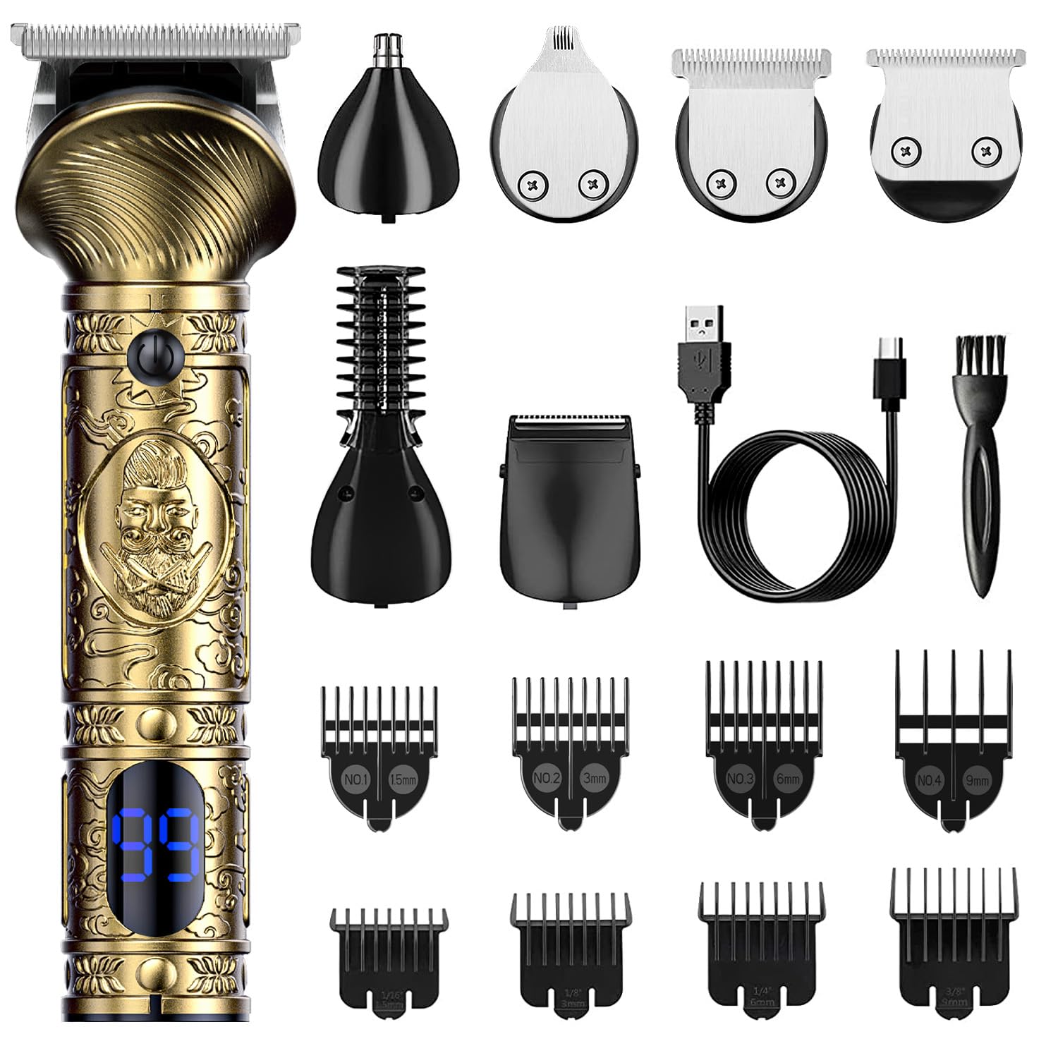 Beard Trimmer Kit for Men, Professional Hair Clippers Outlining Trimmer T-Blade Trimmer and Nose Ear Hair Electric Shaver Razor Cordless Body Grooming Kit 6 in 1 (Bronze)