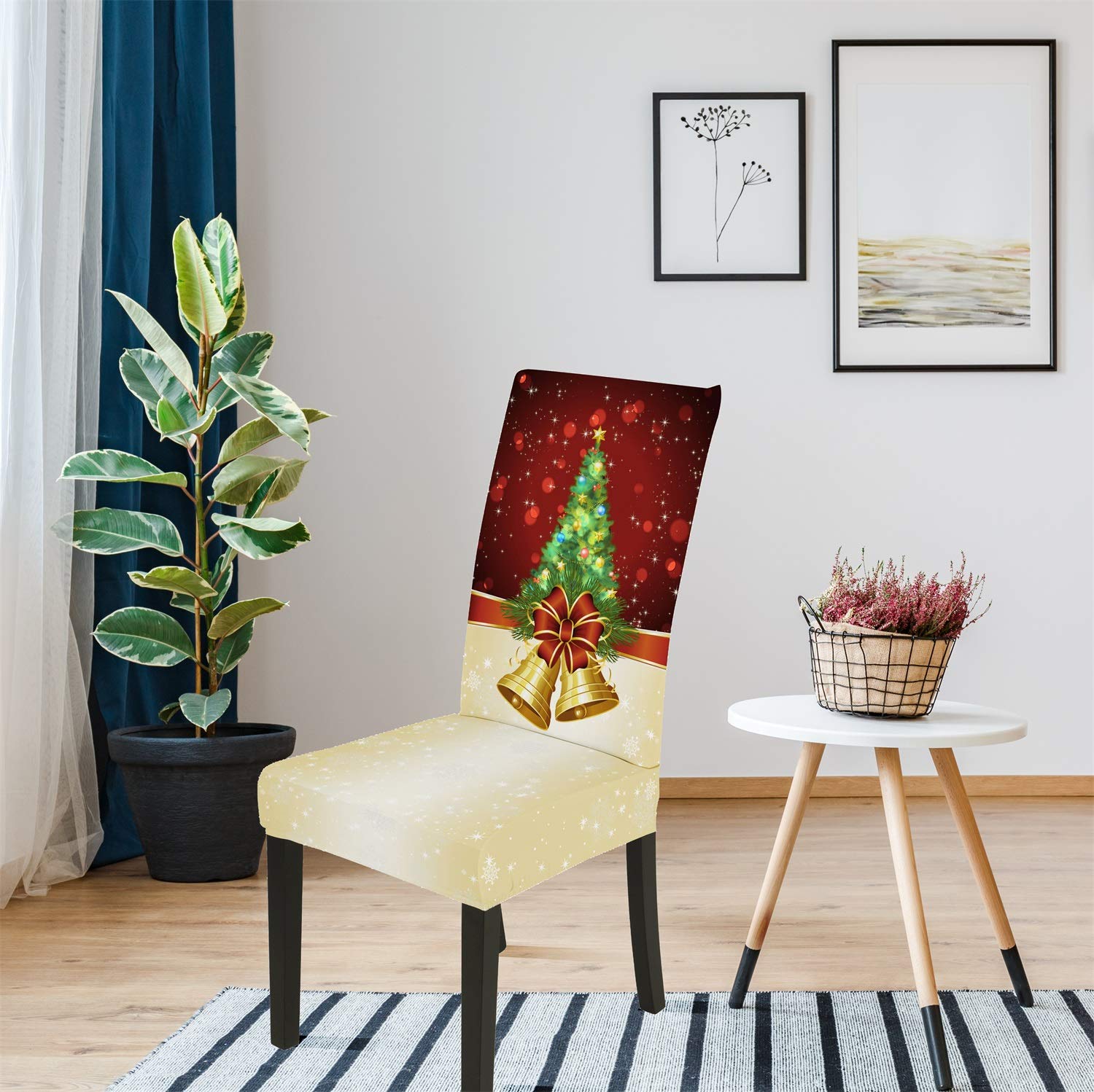 Set of 6 pcs Merry Christmas Tree With Small Bell Dining Room Chair Covers Slipcovers Spandex Fabric Seat Slipcover Washable Removable Parsons Chair Protector Kitchen Hotel Ceremony Universal Size