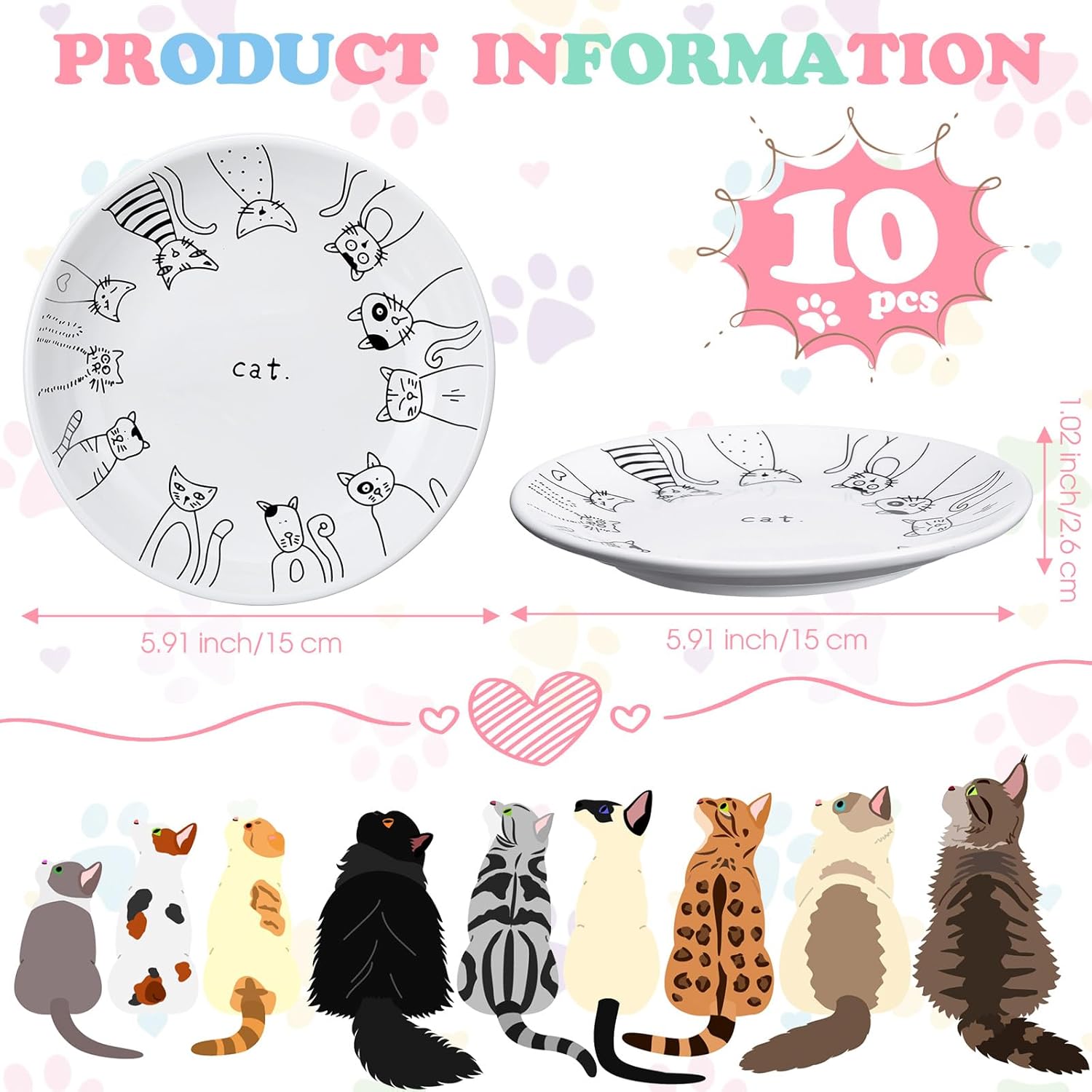 Irenare 10 Pcs Ceramic Cat Bowl 6 Inch Anti Whisker Fatigue Cat Plates Set Cute Shallow Pet Food Bowl Dishes for Food and Water, Kittens Small Animals(Cute Pattern)