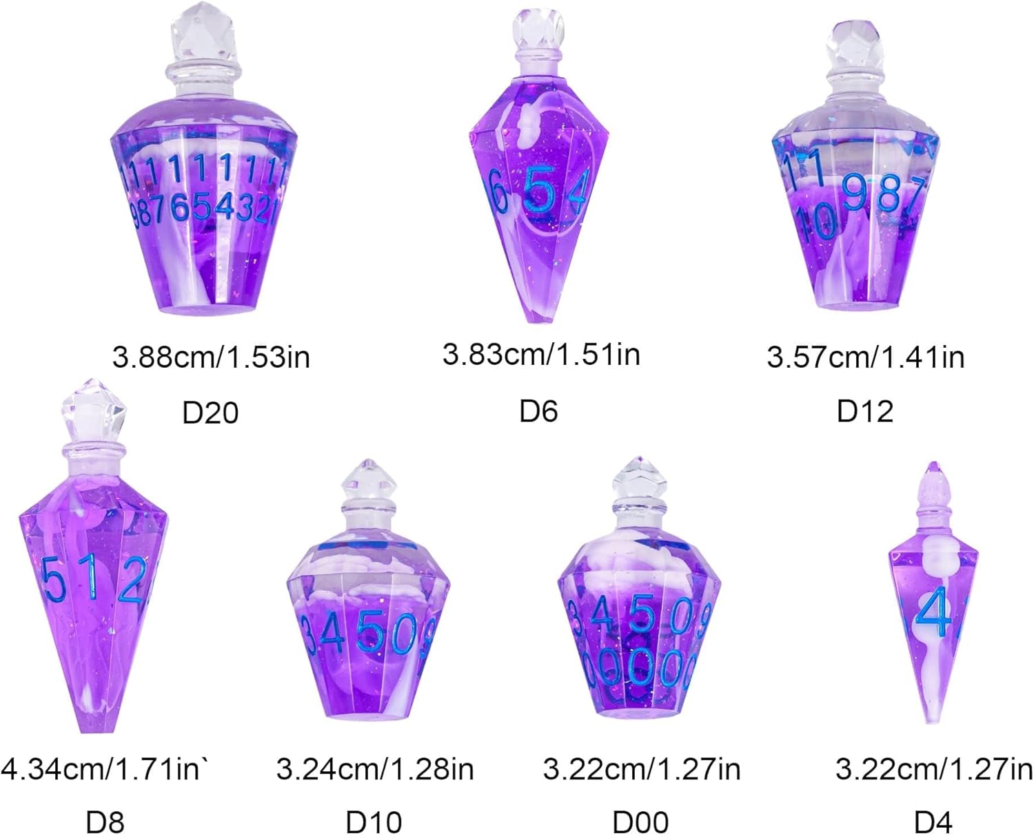7PCS Potion DND Dice Set,Transparent Sharp Edge Dice Set D&D RPG Polyhedral Dice,for Dungeons and Dragons TTRPG Games Roleplaying Games.(Purple with White Smoke)
