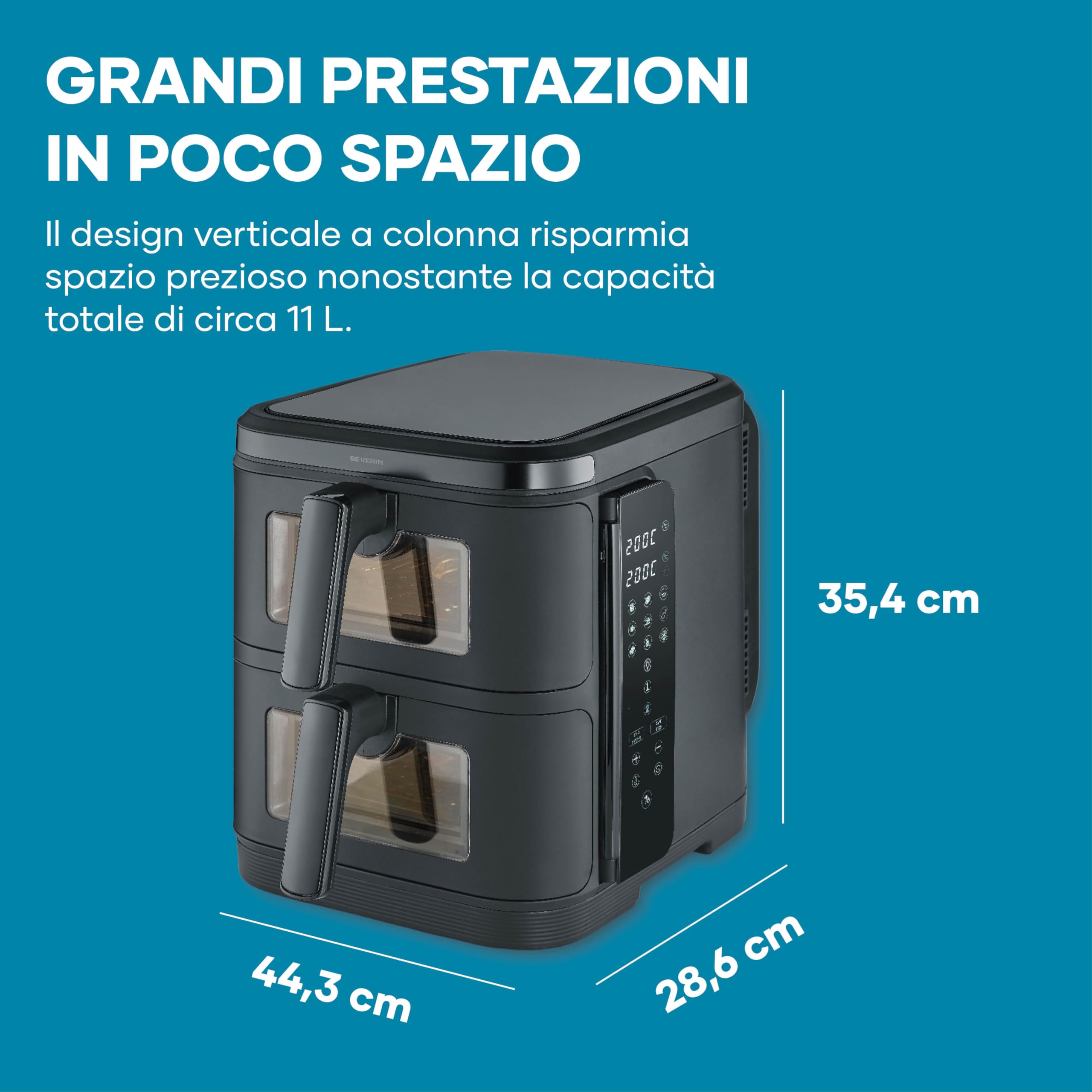 SEVERIN Friggitrice ad Aria Calda Duo Stack, 2800 W, Capacità 11 L (2x 5,5 L), Salvaspazio Verticale, 9 Programmi Automatici, Sync Cook e Finish, S-Fry, Nero - FR 9598