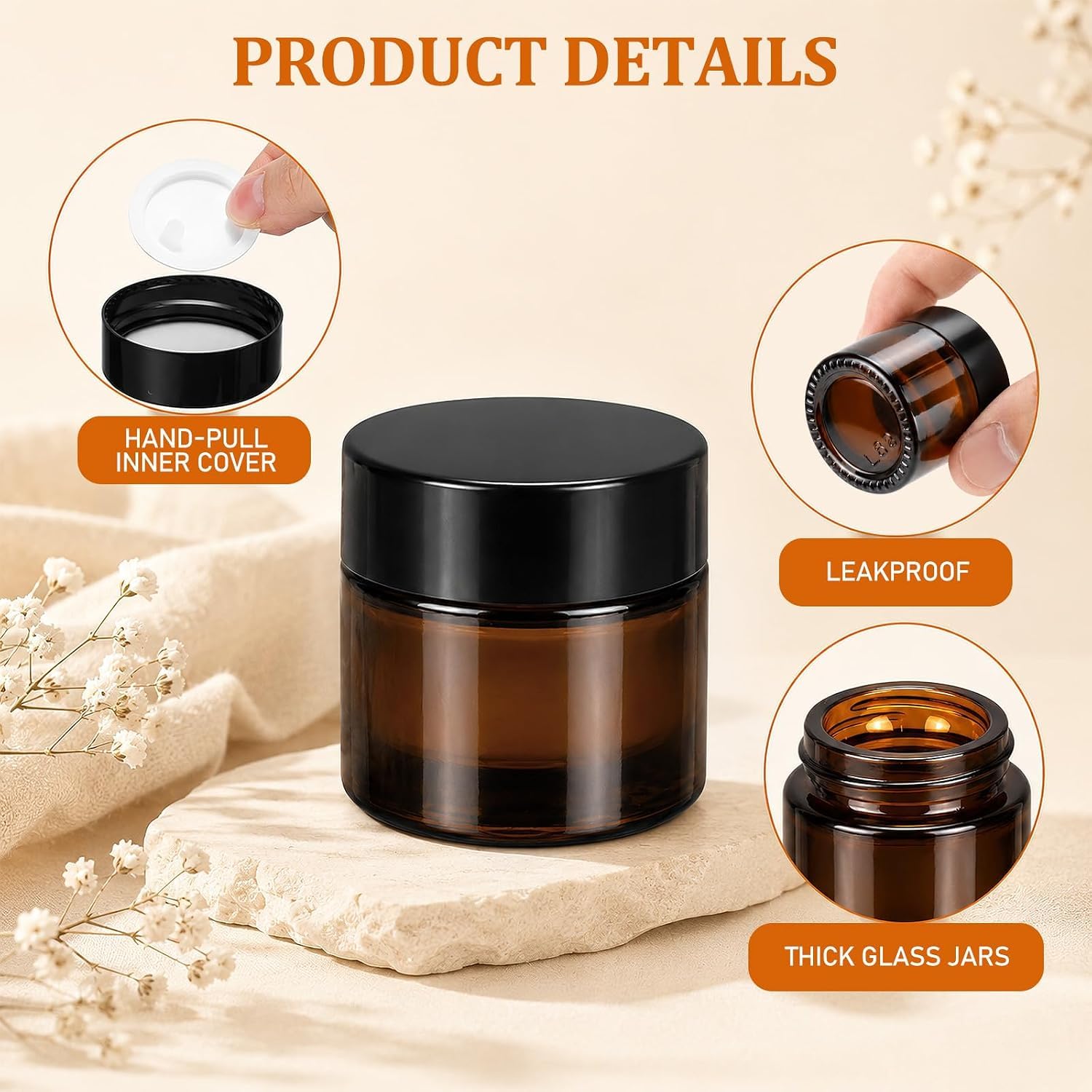 100 Stück Amber Glas Leerdose 10ml Glas Cremedose mit Schwarzem PP Deckel