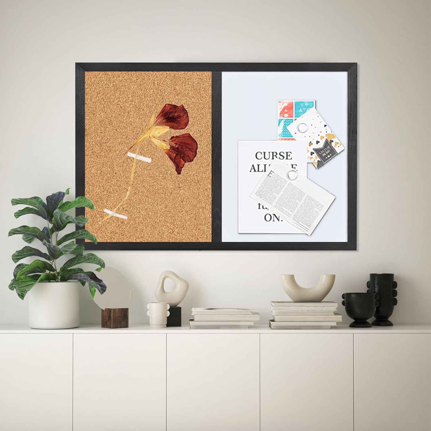 Bulletin Board Whiteboard Cork Board Combo for Office School Kitchen Bedroom, Black Wood Frame,23.6"*35.4",Whiteboard+Cork-6090BK