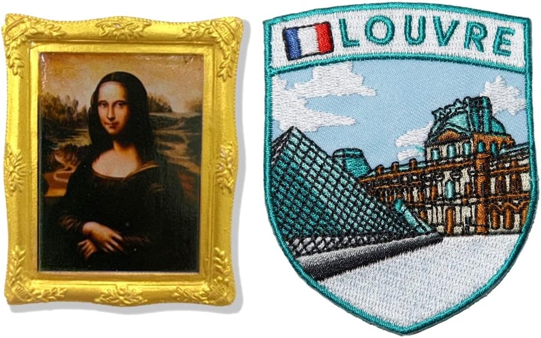 Mona Lisa France 3D Decoration Fridge Magnet 1PC+Le Louvre Museum Paris Collection Applique Patch 1PC, Magnetic Refrigerator Magnet, Stick On Patch for Bag Decoration Souvenir C89+163
