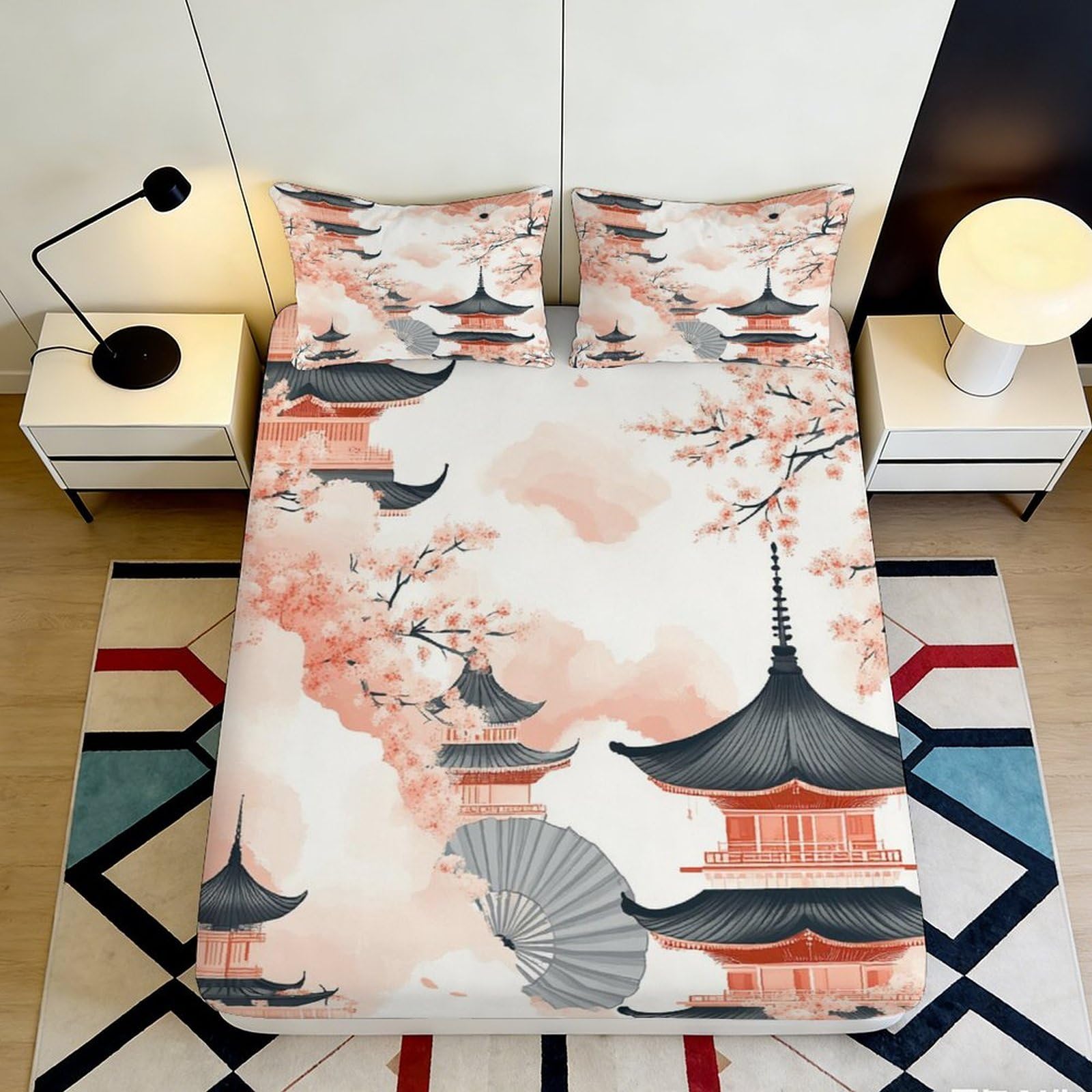 3D Printed Japanese Pagoda Fitted Sheet Microfiber Cloud Sakura Bed Cover for Bedroom Decor Anti-Slip Easy Care 90x200x25cm