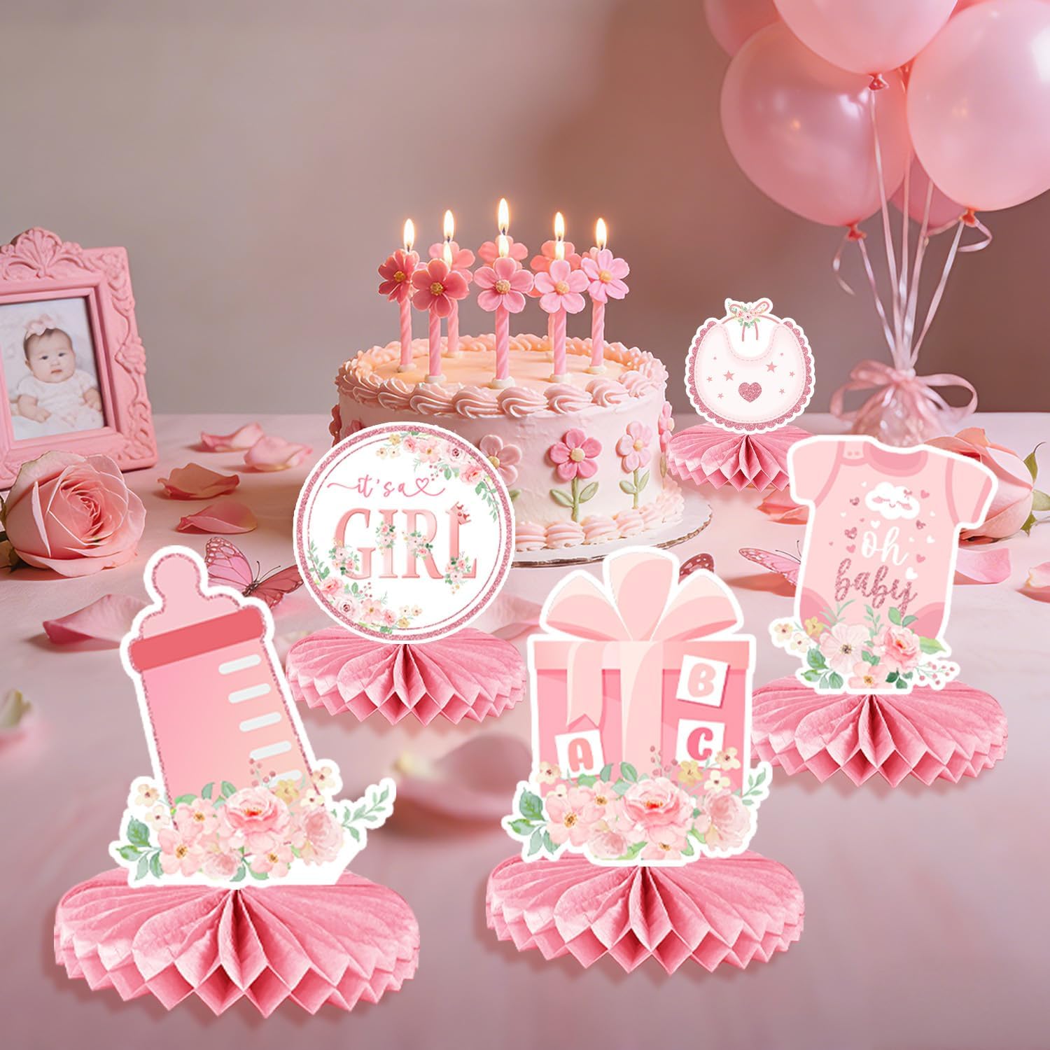 It's a Girl Baby Shower Decorations - 12 Pcs Pink Honeycomb Centerpieces for Tables, Pink Floral Baby Shower Table Decorations for Girl, Gender Reveal Party Supplies, Baby Shower Toppers