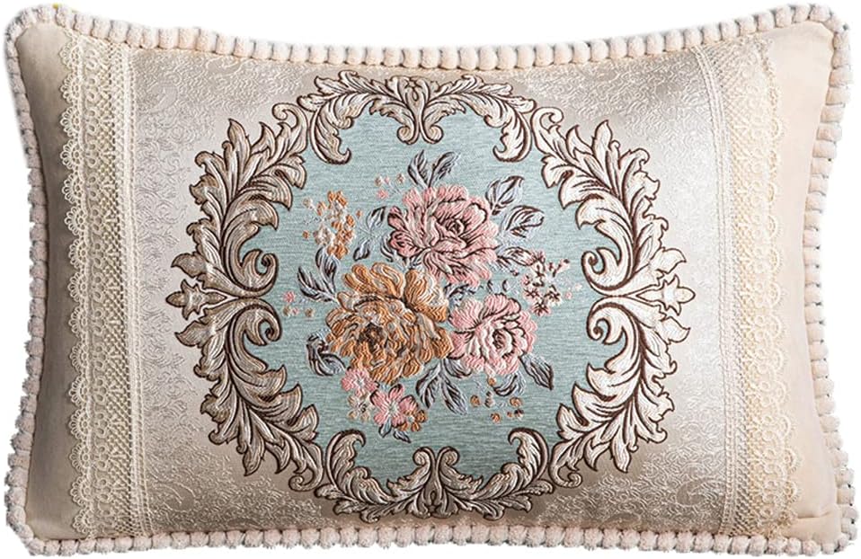 European Jacquard Plush Pillow Decorative Sofa Cushion Embroidery Rectangular Sofa & Chair Lumbar Waist Pillow Back Cushion Creative Throw Pillows with Core (Beige Blue, 40×60CM/15.7"×23.6")