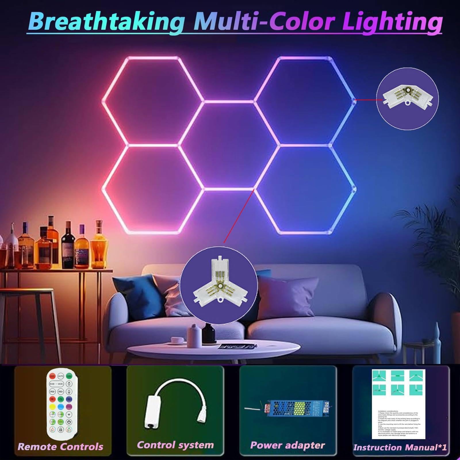 RGB Neon LED Garage Lampada Esagonale Plafoniera LED Nido d'Ape, Light Hexagon RGB con modalità Musicale, Remoto Controllo + App, per Decorazioni da Bar del Seminterrato della Sala da Gioco