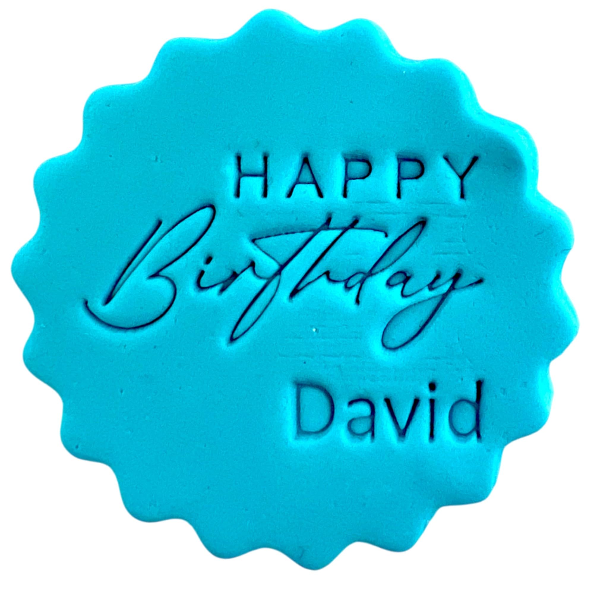 Personalised Cookie Stamp with Free Scallop Cutter, Happy Birthday Collection 1, 5cm Acrylic Biscuit Embosser, Food-Safe Plastic Baking Tool, Fits M&S All Butter Biscuits (Design 7)