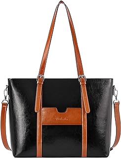 BOSTANTEN Women Leather Laptop Tote Office Shoulder Handbag Vintage Briefcase 15.6 inch Computer Work Purse Black