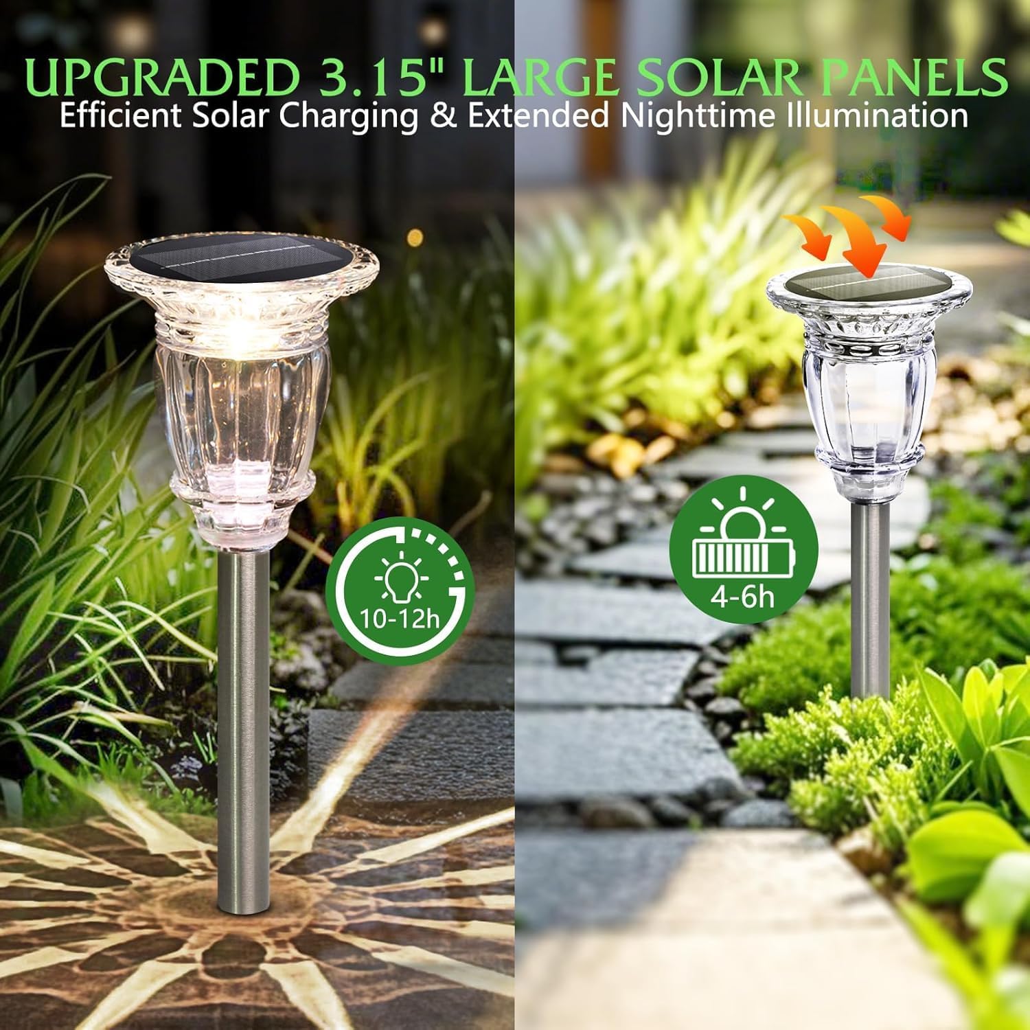 Solar Pathway Lights Outdoor 4 Pack, 10 Modes RGB Color Changing & White Solar Garden Lights, 17.5" IP65 Waterproof Glass Stainless Steel Solar Powered Landscape Lights for Yard Walkway Driveway Patio