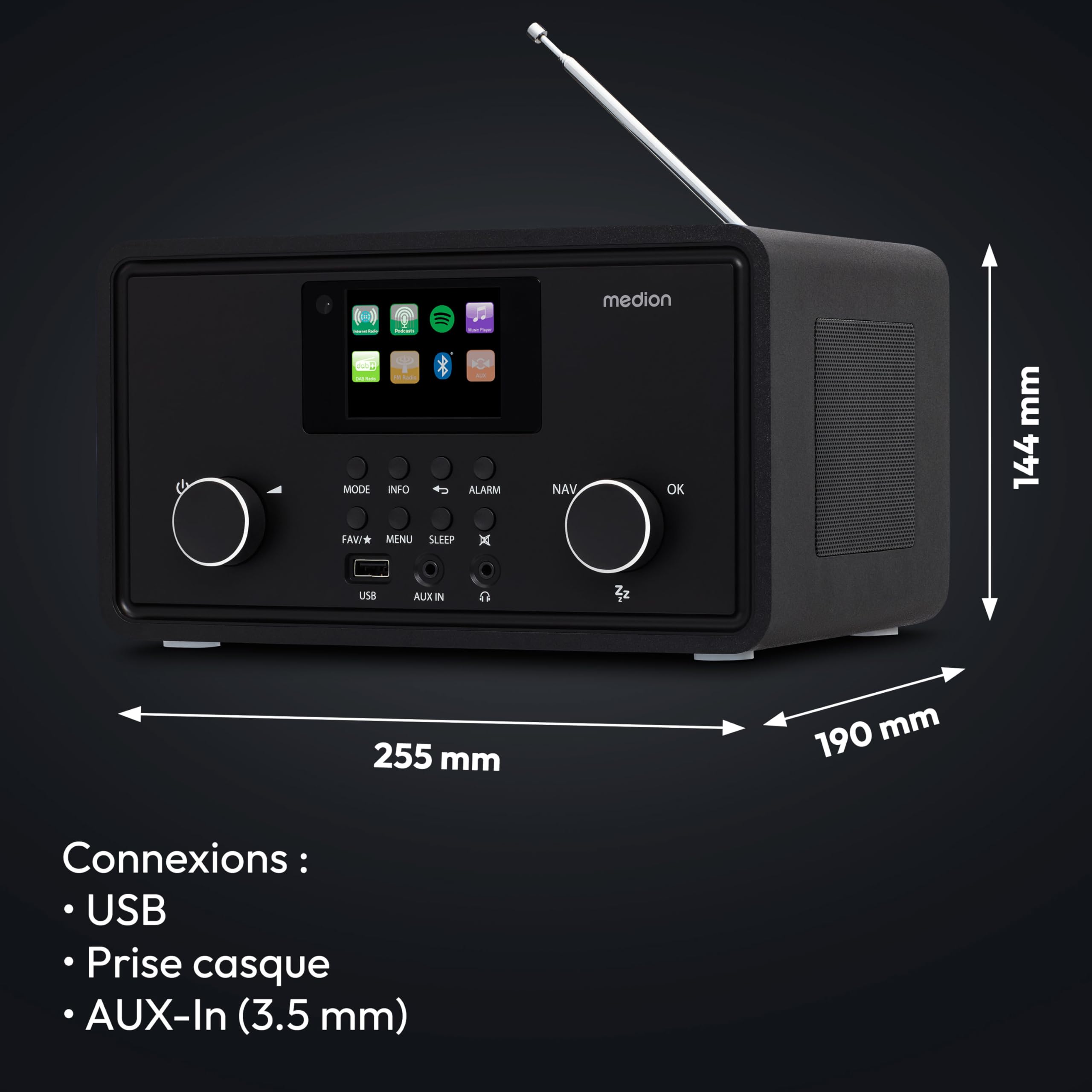 MEDION Radio Internet P85027 (Dab Plus, Radio FM, Spotify Connect, WLAN, Bluetooth, Streaming, égaliseur, écran Couleur, USB, AUX, réveil, Fonction Snooze, minuterie d'arrêt) Noir