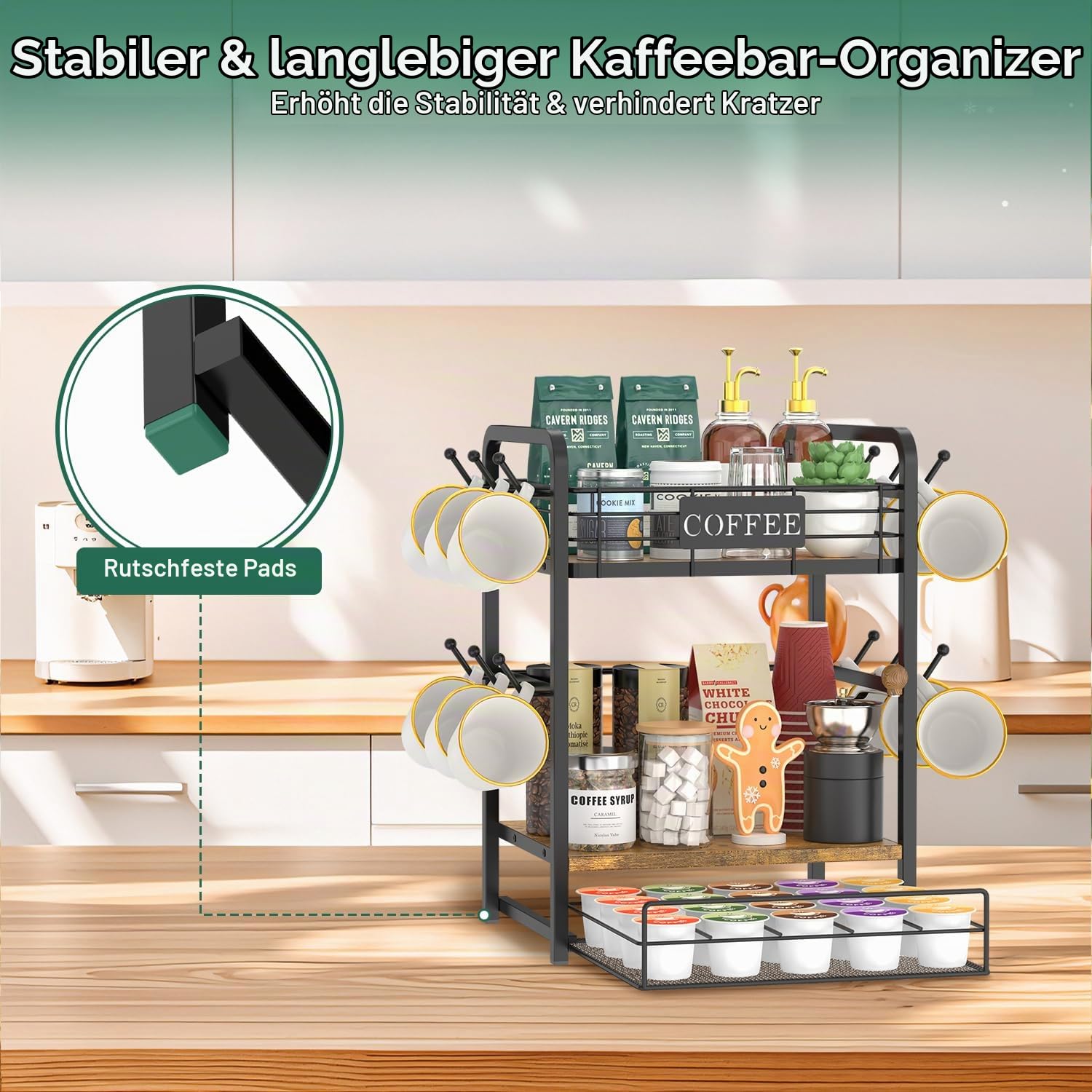 EsLuker.ly 3-stufig Tassenhalter und Tassenregal mit Schublade, Kaffee Regal Organizer für Theke, Coffee Bar Organizer with Tassen Regal, Tassenhalter Stehend, Ideal für Küchen
