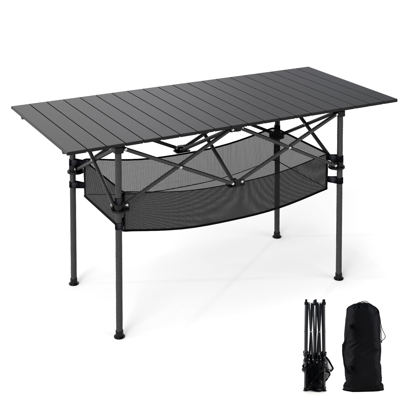 COSTWAY Tavolo da Campeggio Pieghevole in Alluminio, Portatile con Cestello in Rete e Borsa, Portata 100kg per Giardino Spiaggia Pesca (Nero)