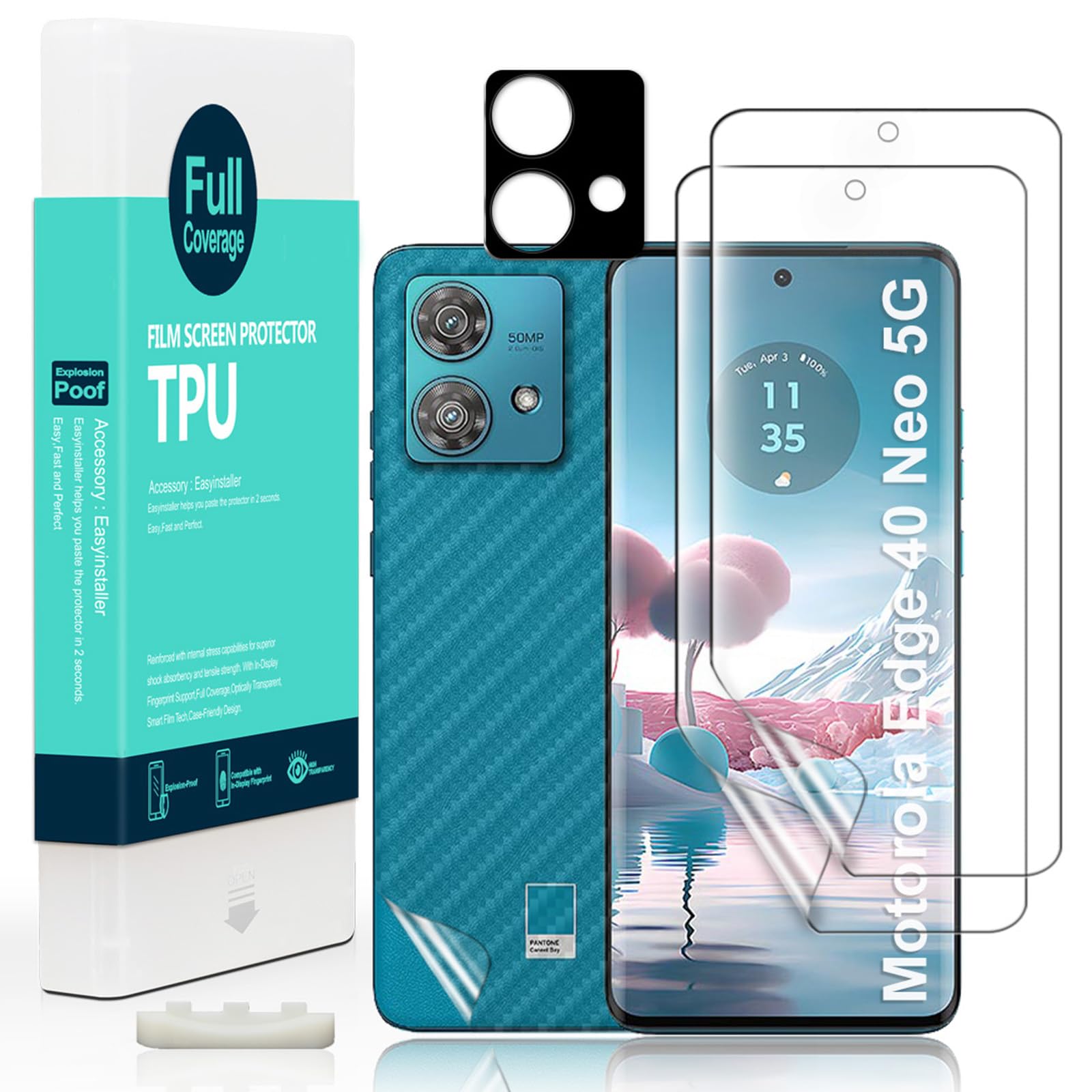 Screen Protector for Motorola Edge 40 Neo 5G 6.55" (2 Pcs) - With Camera Lens Protector and Back Film - Flexible TPU Film [Easy to Install]