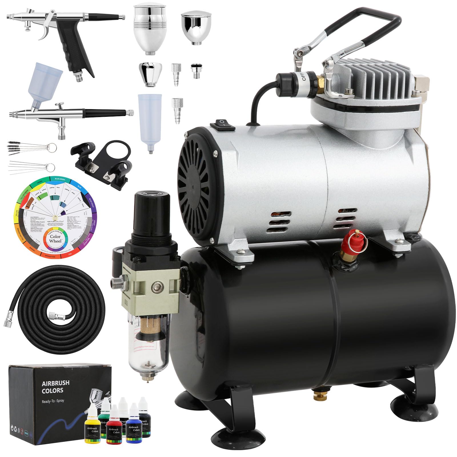 Airbrush-Set mit Kompressor, airbrush-Farb-Set mit 2 Airbrush-Pistolen, Komplett-Ausrüstung mit Manometer, Luftfilter und Zubehör für Malerei und Tattoo-Kunst