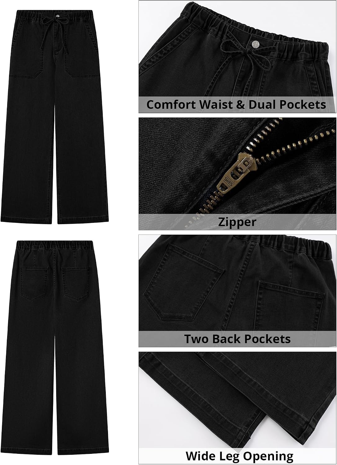  Wide Leg Jeans for Women Trendy High Waisted Drawstring Tie Elastic Waist Stretchy Denim Pants Trouser Jeans thumbnail