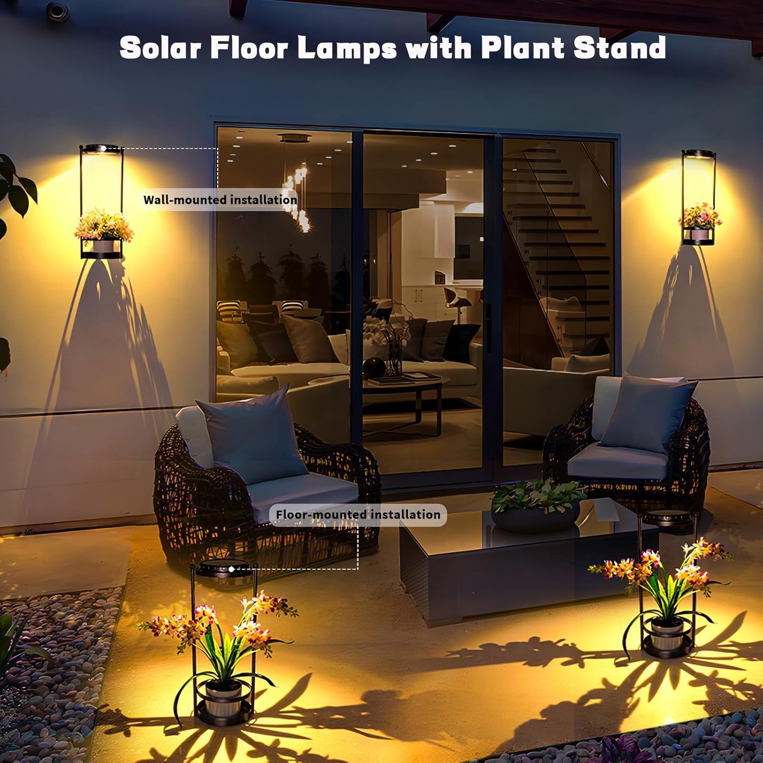 Solar Floor Lamps with Plant Stand, 3 Color Temperatures Solar Outdoor Lights, Metal Hanging Plant Holder Outdoor Wall Sconce for Garden Yard Patio Balcony (Black)