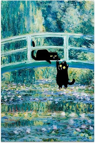 Lienzo vintage de gato negro para pared, pinturas al óleo famosas, póster de flores Monet, divertido estampado floral, decoración estética de casa