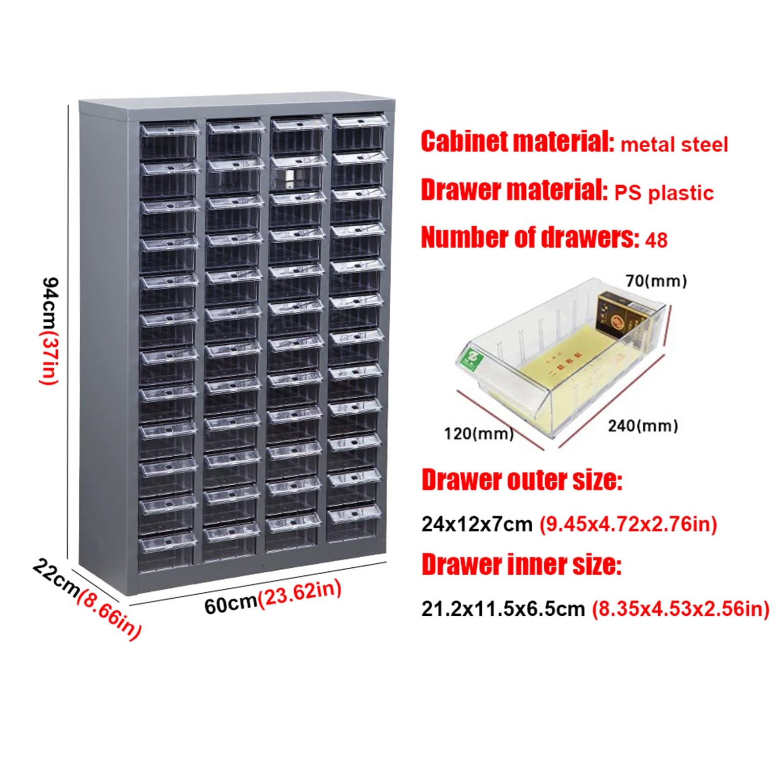 JevLoN 48 Drawers Parts Cabinet Bolt and Nut Tool Storage Cabinet Metal Steel Parts Cabinet with Clear Plastic Drawer for Storing Screws Trinkets and Workshop Tool(Without Door)