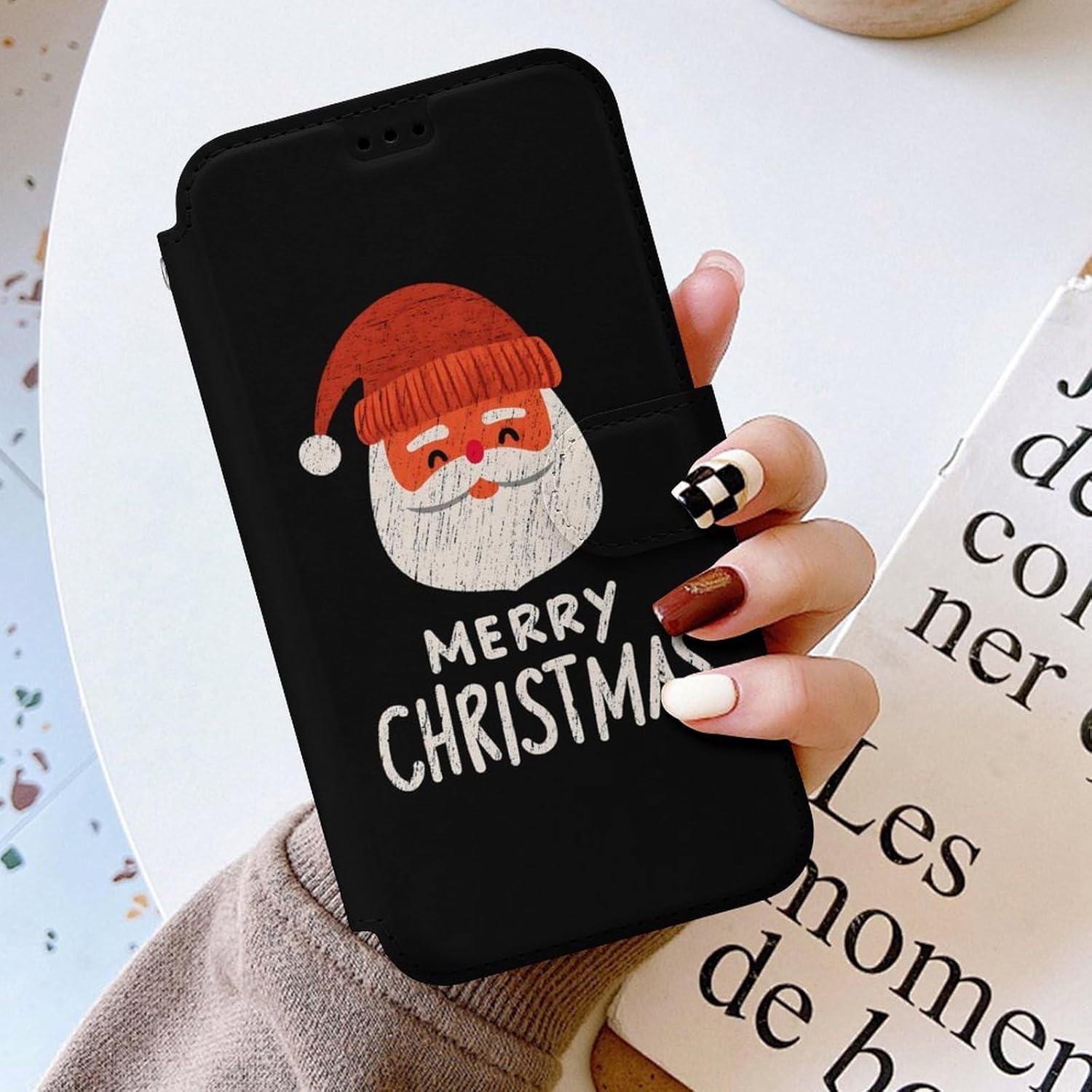 Merry Christmas Santa Compatible with iPhone 16/16 Plus/16 Pro/16 Pro Max/16 E Case Phone Wallet Card Holder Flip Cover with Wrist Strap