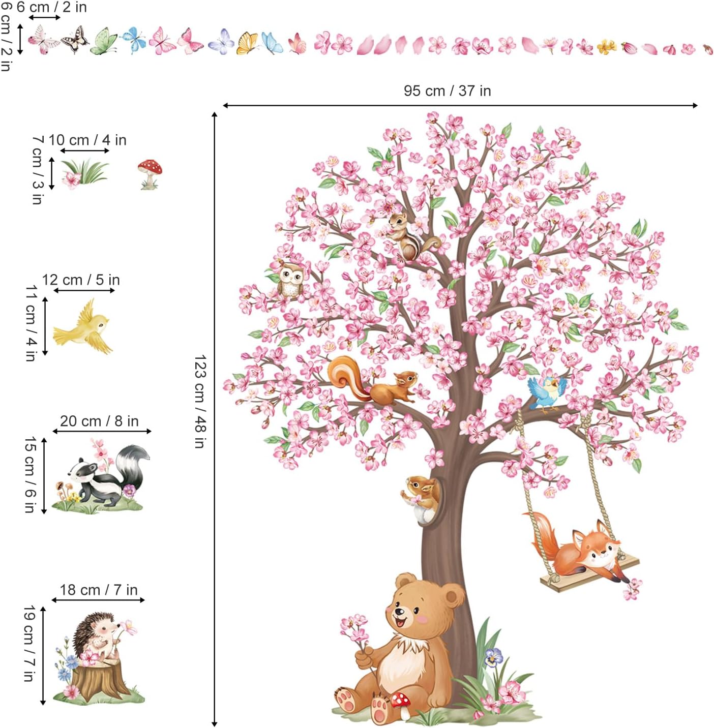 wondever Large Woodland Animal Flower Tree Wall Stickers Cherry Blossom Bear Fox Peel and Stick Wall Art Decals for Girls Bedroom Kids Room Baby Nursery