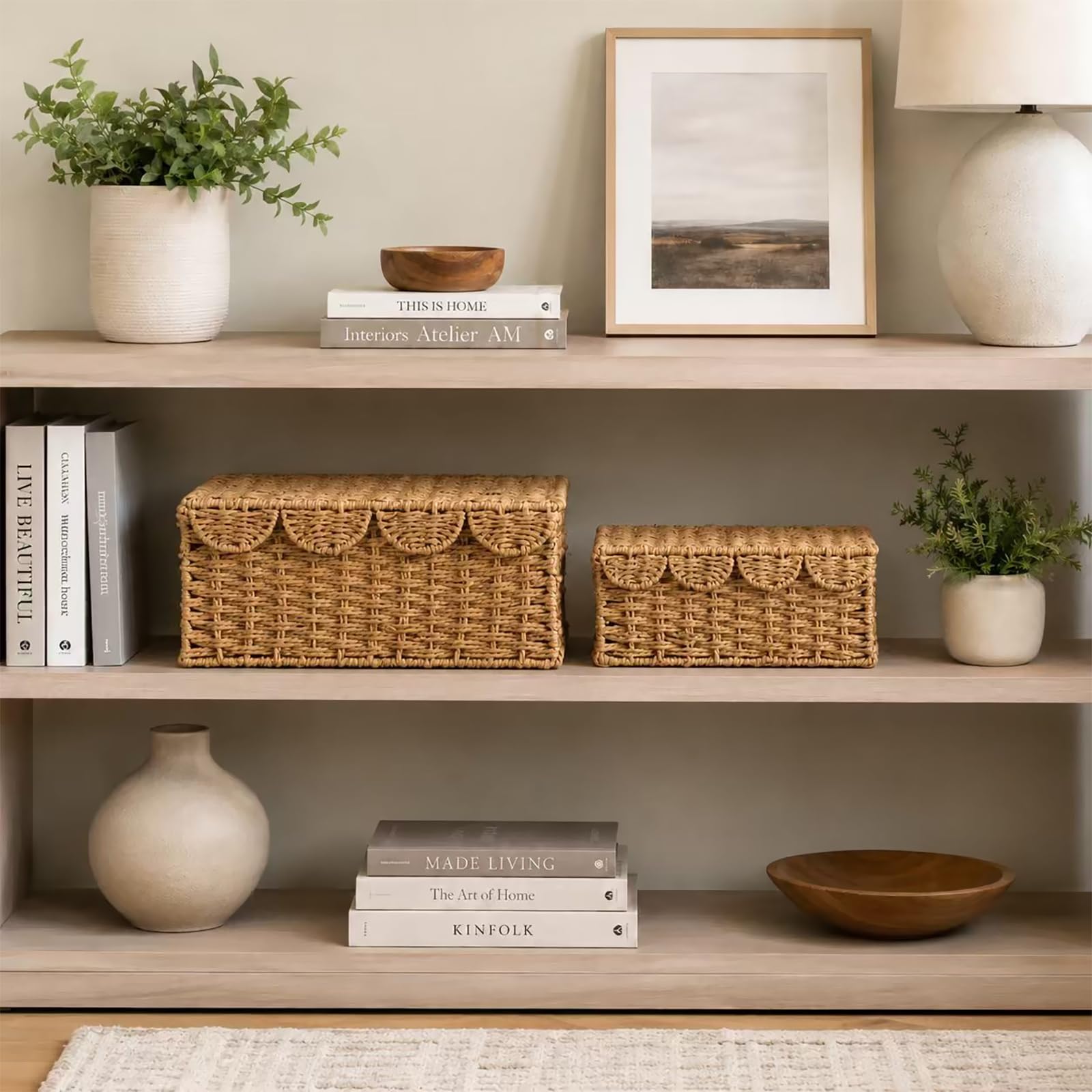 Scalloped Wicker Baskets with Lid - Decorative Storage -3