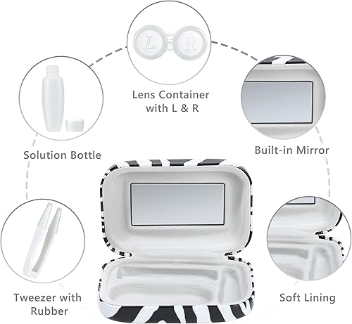 Miniatura 5 de Muf Zebra Estuche para lentes de contacto, kit de viaje portátil para lentes de contacto con espejo, contenedor, pinzas, botella de solución para