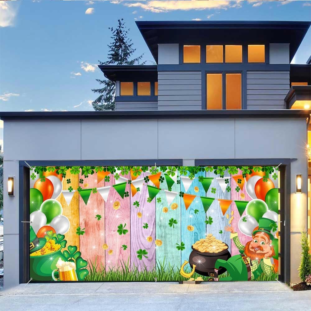 St Patricks Day Garage Door Cover 13 x 6 ft, Lucky Shamrock Green Clover Garage Door Banner, Easter Colorful Wood Board Irish Garage Door Decoration Wall Background