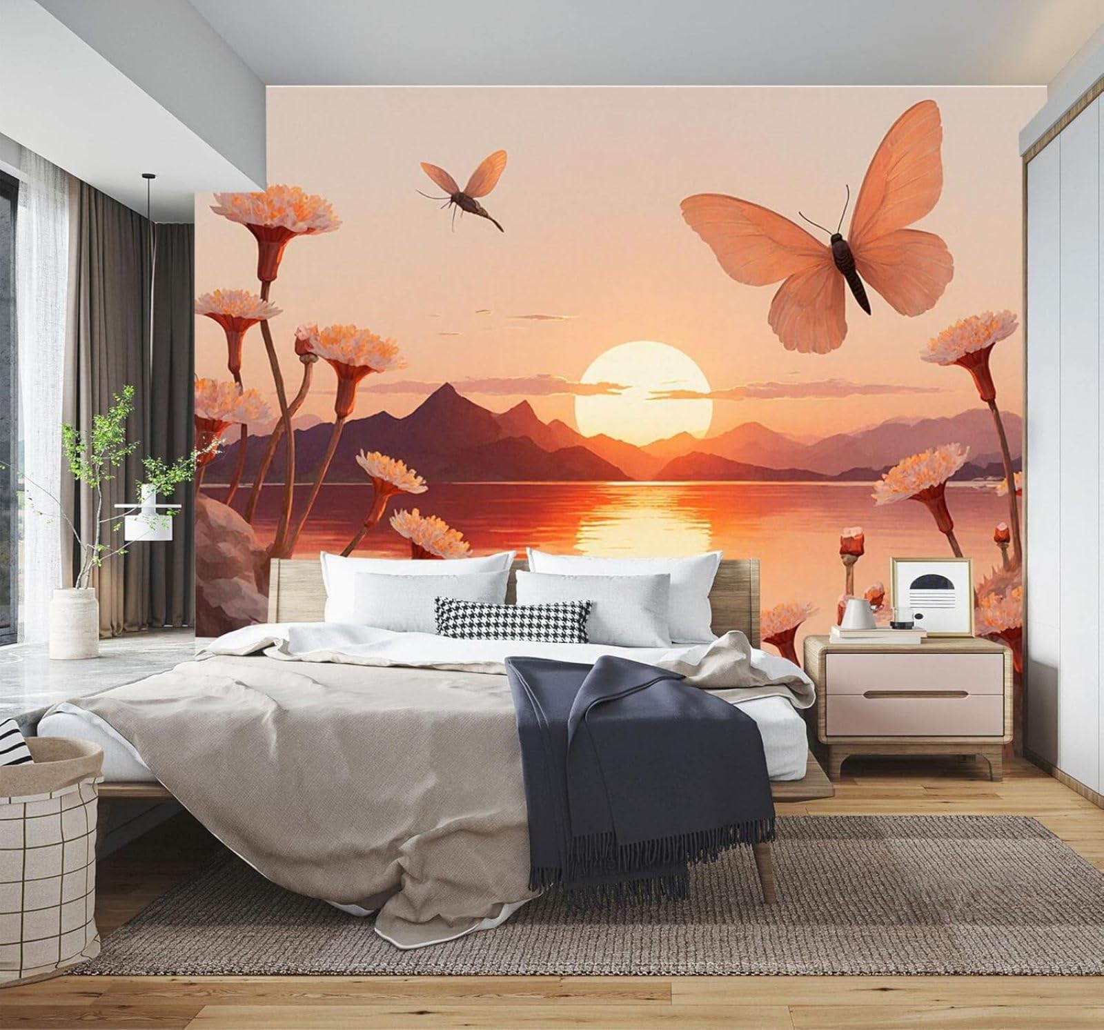 XLMING 3D Papel Pintado Lago Montañas Puesta De Sol Flores Mariposas